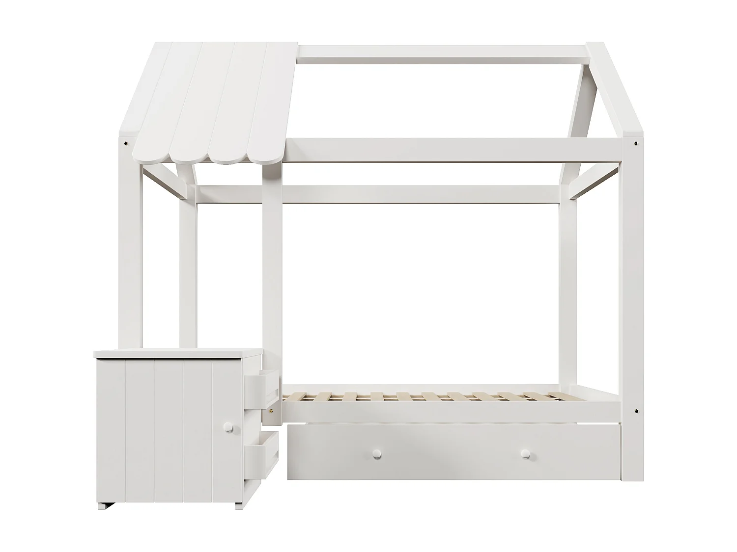 Lit enfant cabane 90x200 cm avec sommier - 1 tiroir et table de chevet amovible - blanc (sans matelas)