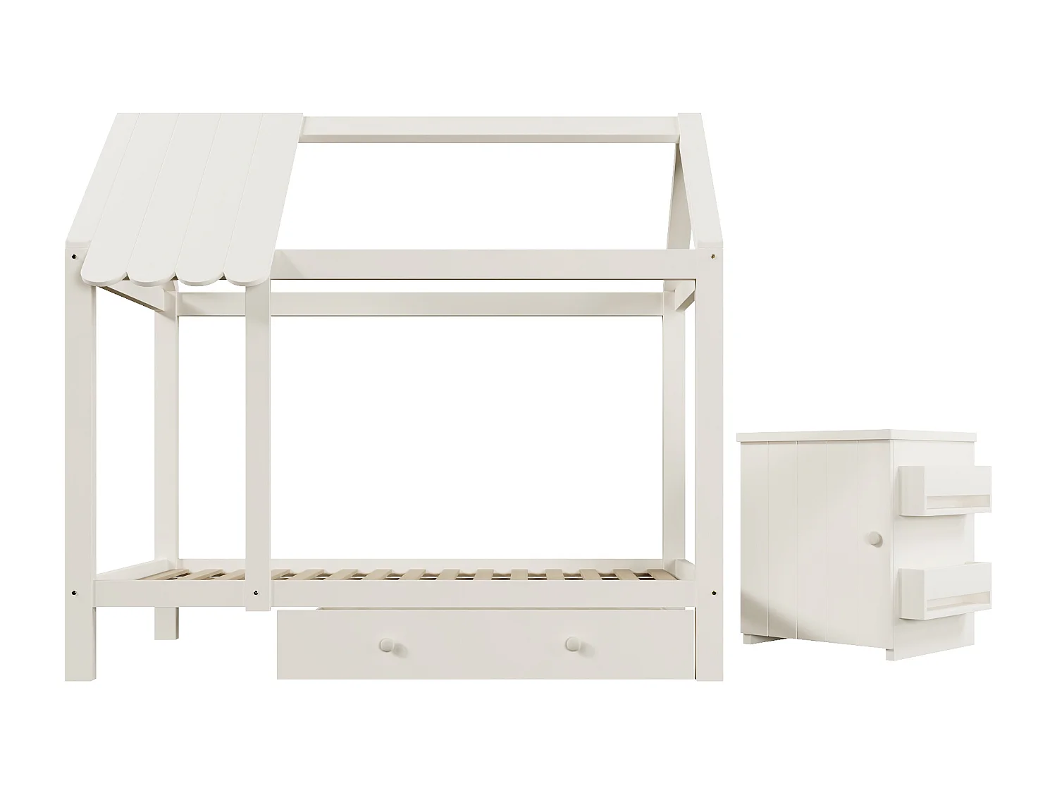Lit enfant cabane 90x200 cm avec sommier - 1 tiroir et table de chevet amovible - blanc (sans matelas)