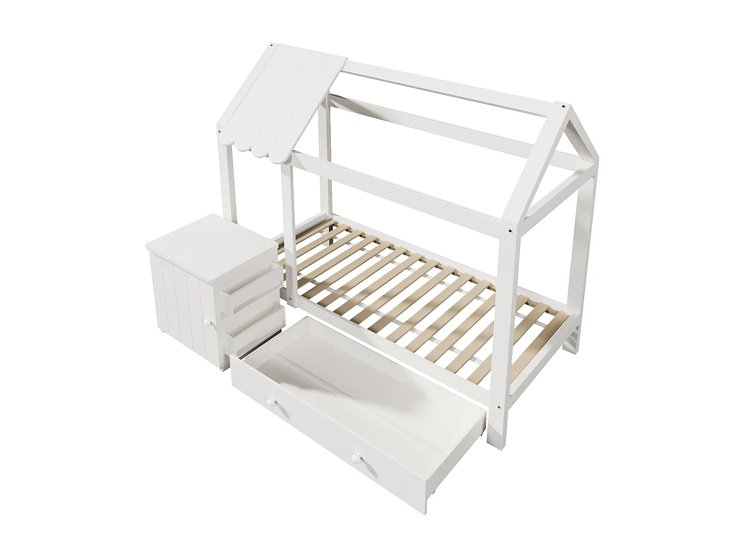 Lit enfant cabane 90x200 cm avec sommier - 1 tiroir et table de chevet amovible - blanc (sans matelas)