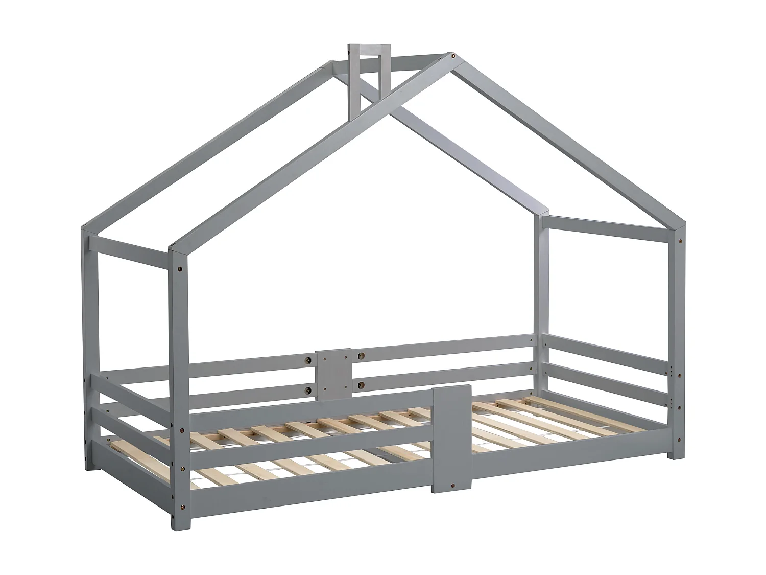 Lit enfant cabane 90x200 cm avec protection anti-chute - sommier à lattes en bois - gris (sans matelas)
