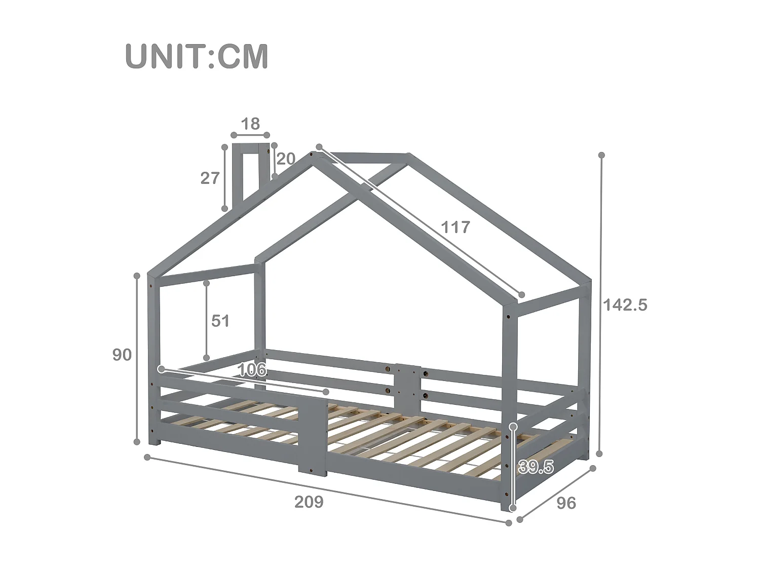 Lit cabane 90x200 cm avec protection anti-chute - sommier à lattes en bois - gris (sans matelas)