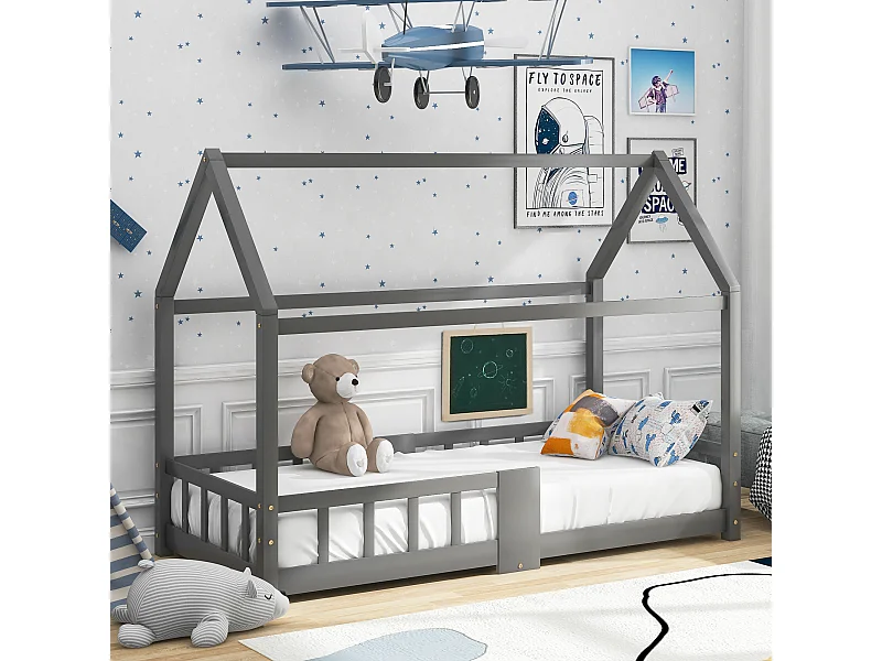 Lit enfant cabane 90x200 cm avec protection anti-chute et 1 tableau noir - sommier à lattes en bois - gris (sans matelas)