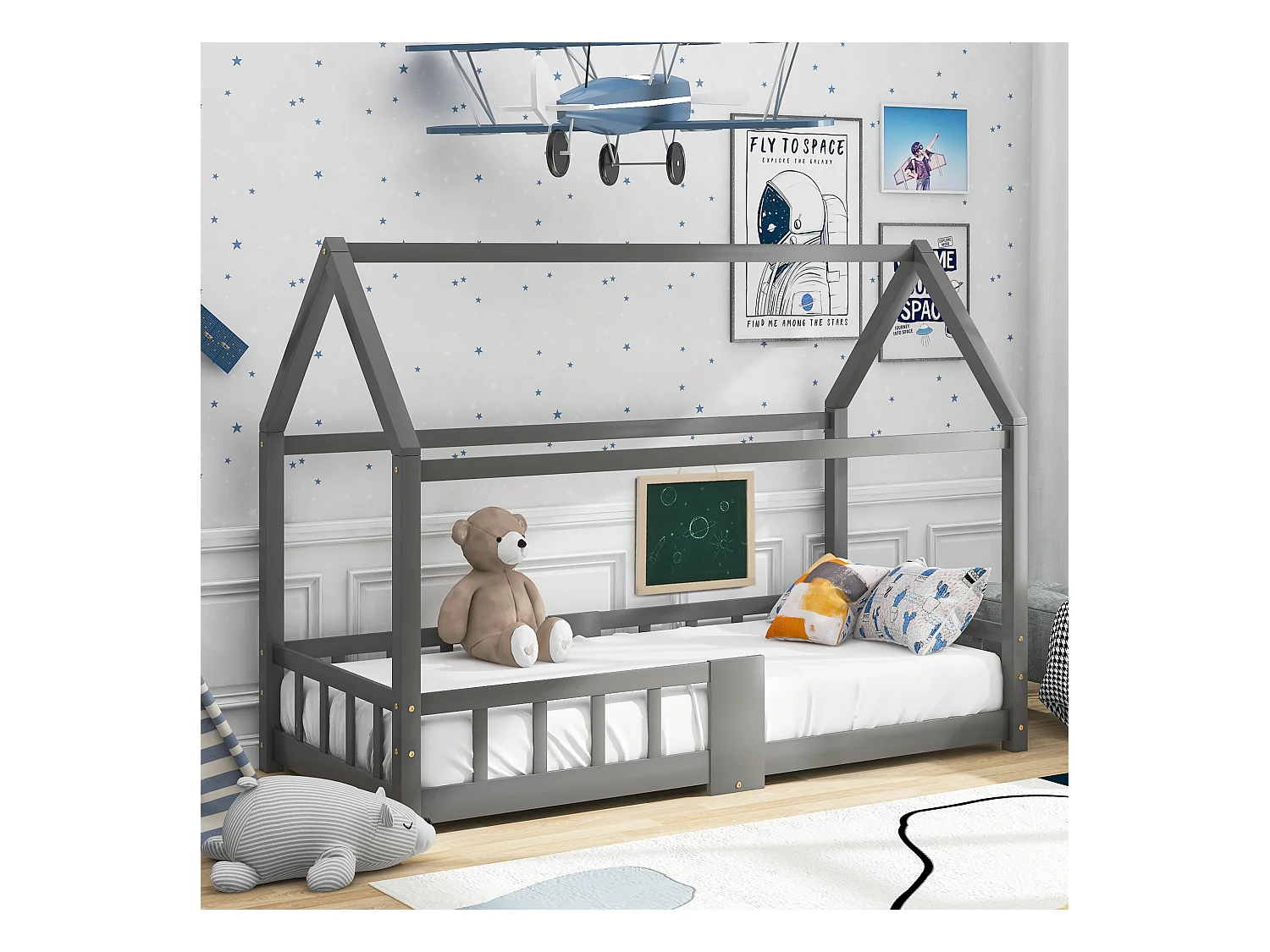 Lit cabane 90x200 cm avec protection anti-chute et 1 tableau noir - sommier à lattes en bois - gris (sans matelas)