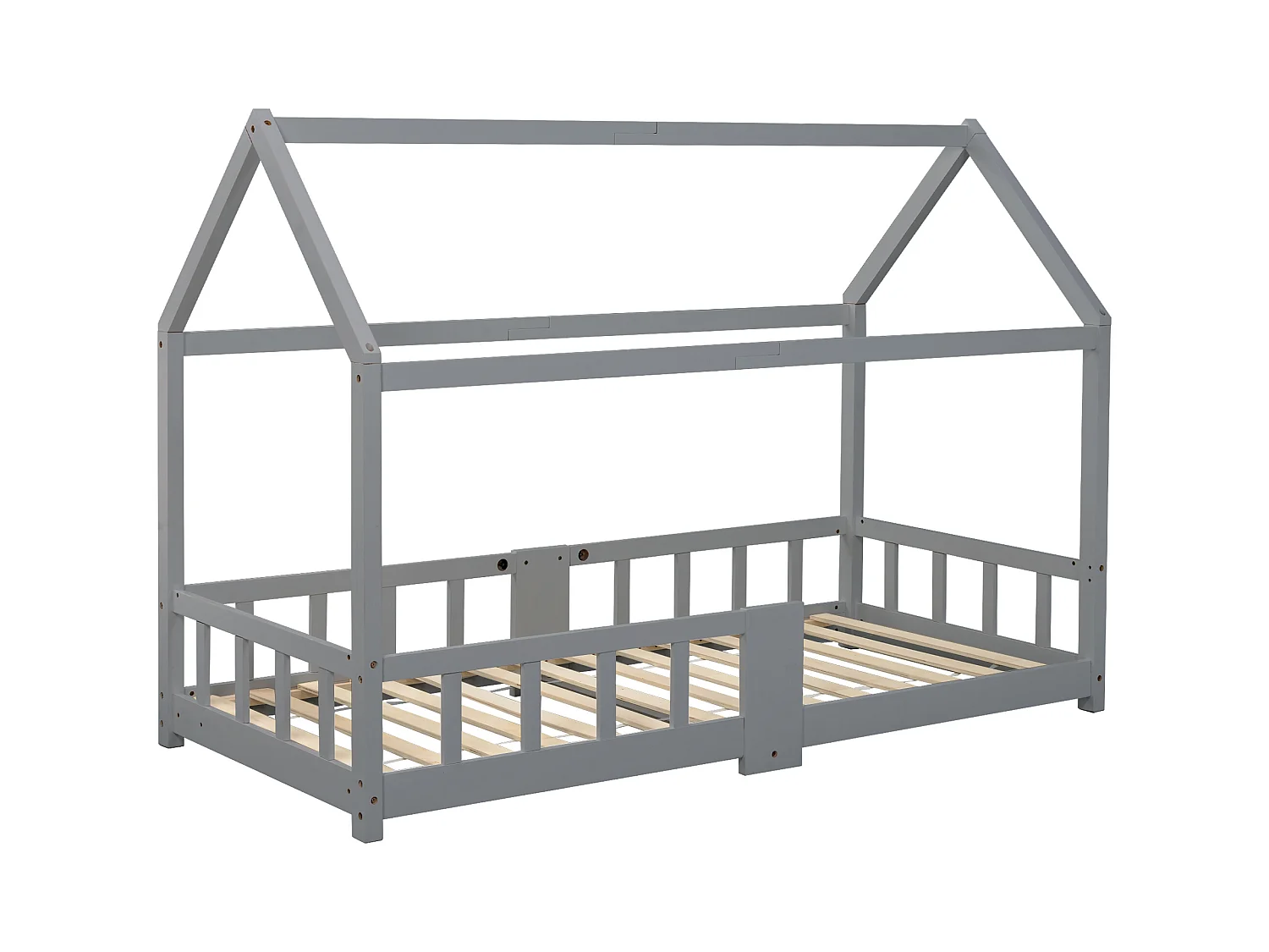 Lit cabane 90x200 cm avec protection anti-chute et 1 tableau noir - sommier à lattes en bois - gris (sans matelas)