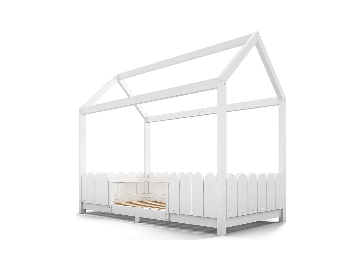 Lit cabane 90x200 cm avec protection anti-chute - sommier à lattes en bois - blanc (sans matelas)