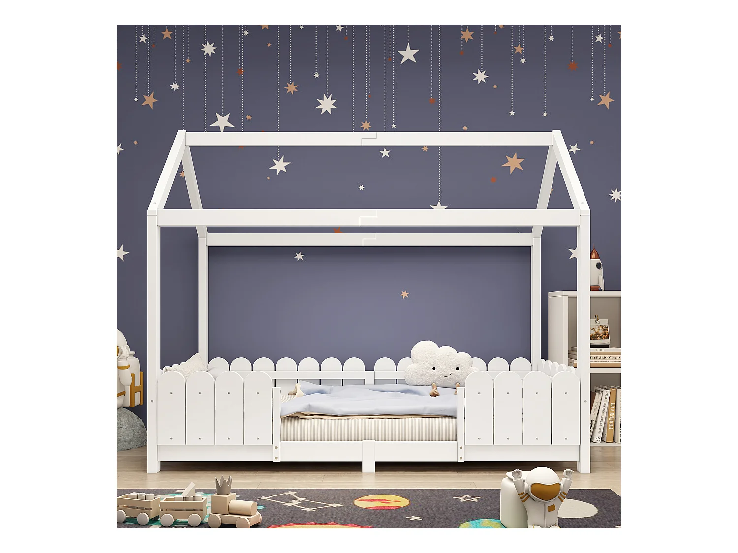 Lit cabane 90x200 cm avec protection anti-chute - sommier à lattes en bois - blanc (sans matelas)