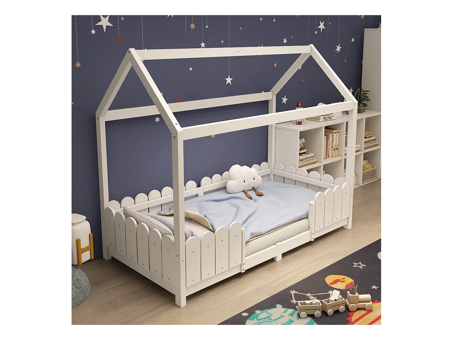 Lit enfant cabane 90x200 cm avec protection anti-chute - sommier à lattes en bois - blanc (sans matelas)