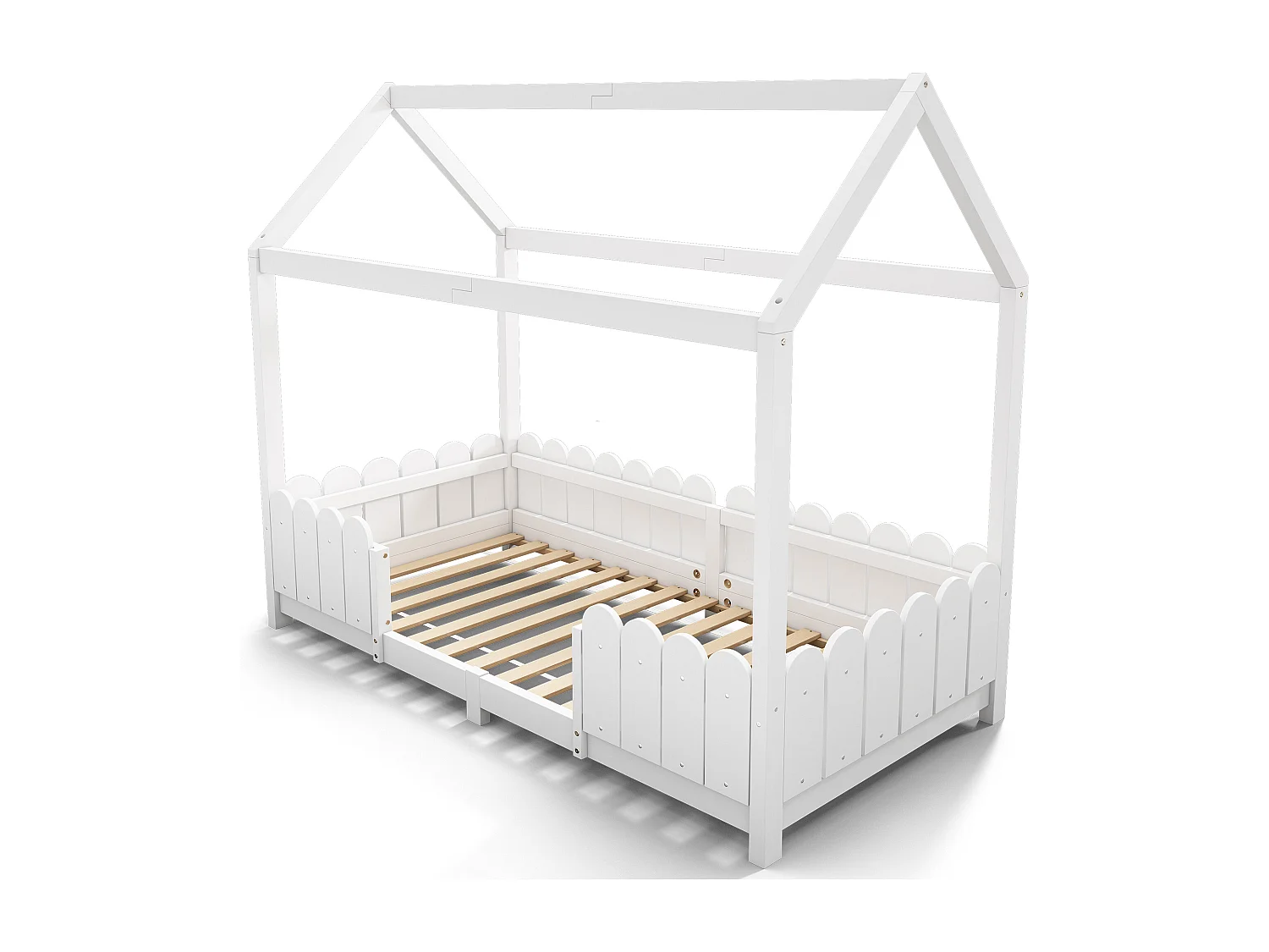 Lit cabane 90x200 cm avec protection anti-chute - sommier à lattes en bois - blanc (sans matelas)