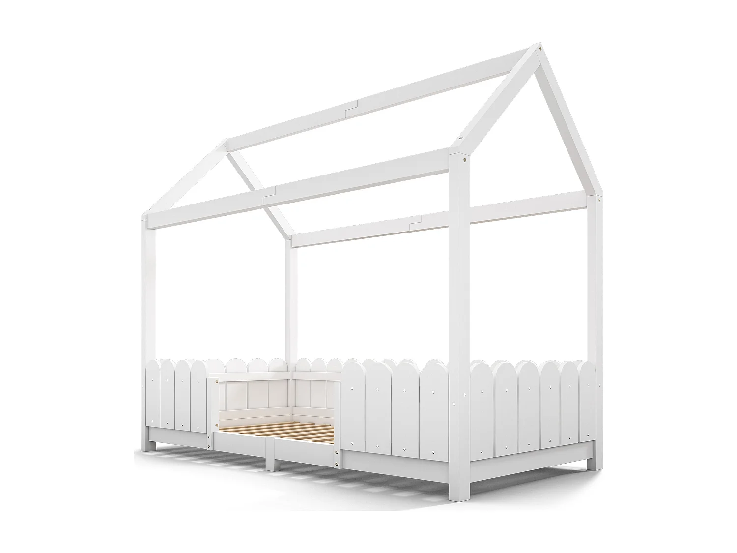 Lit cabane 90x200 cm avec protection anti-chute - sommier à lattes en bois - blanc (sans matelas)