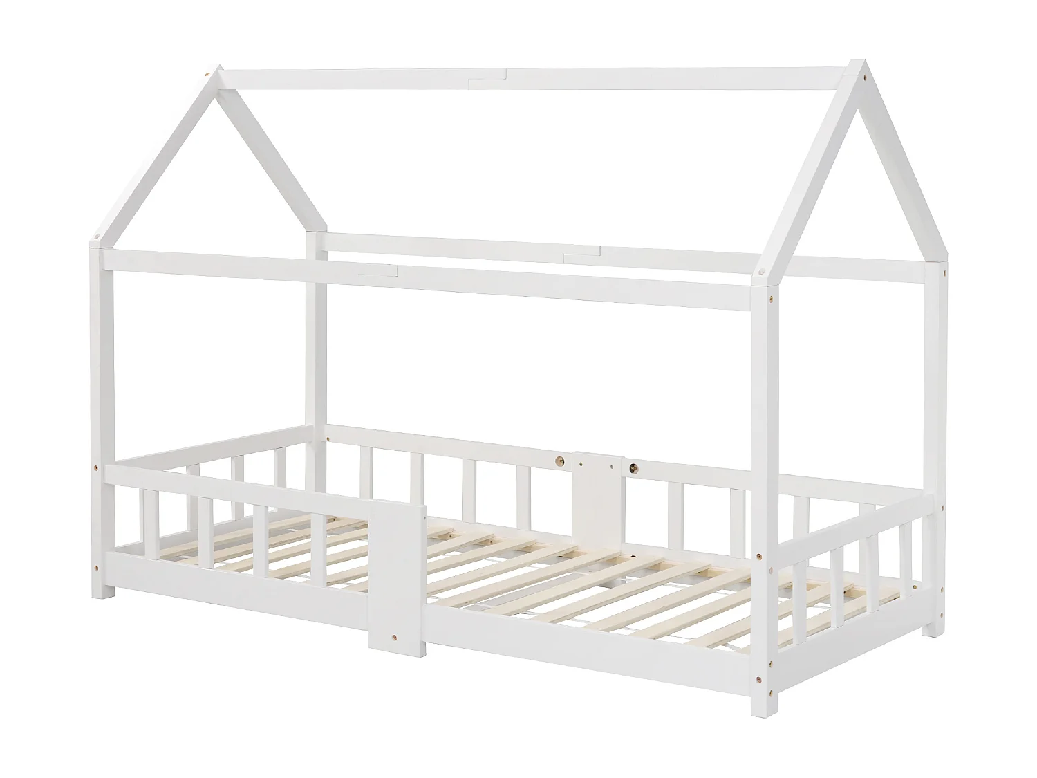 Lit cabane 90x200 cm avec protection anti-chute et 1 tableau noir - sommier à lattes en bois - blanc (sans matelas)