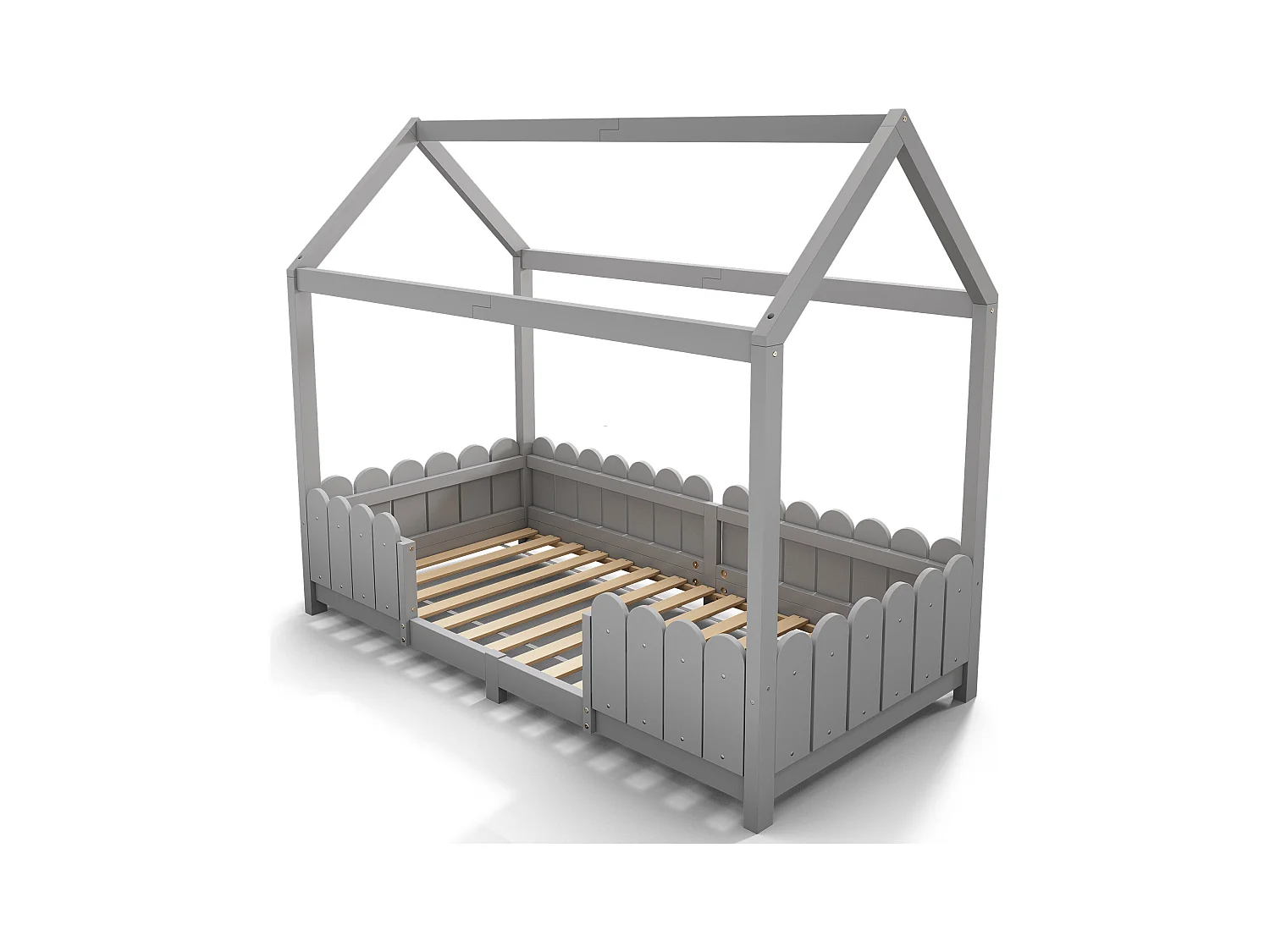 Lit enfant cabane 90x200 cm avec protection anti-chute - sommier à lattes en bois - gris (sans matelas)
