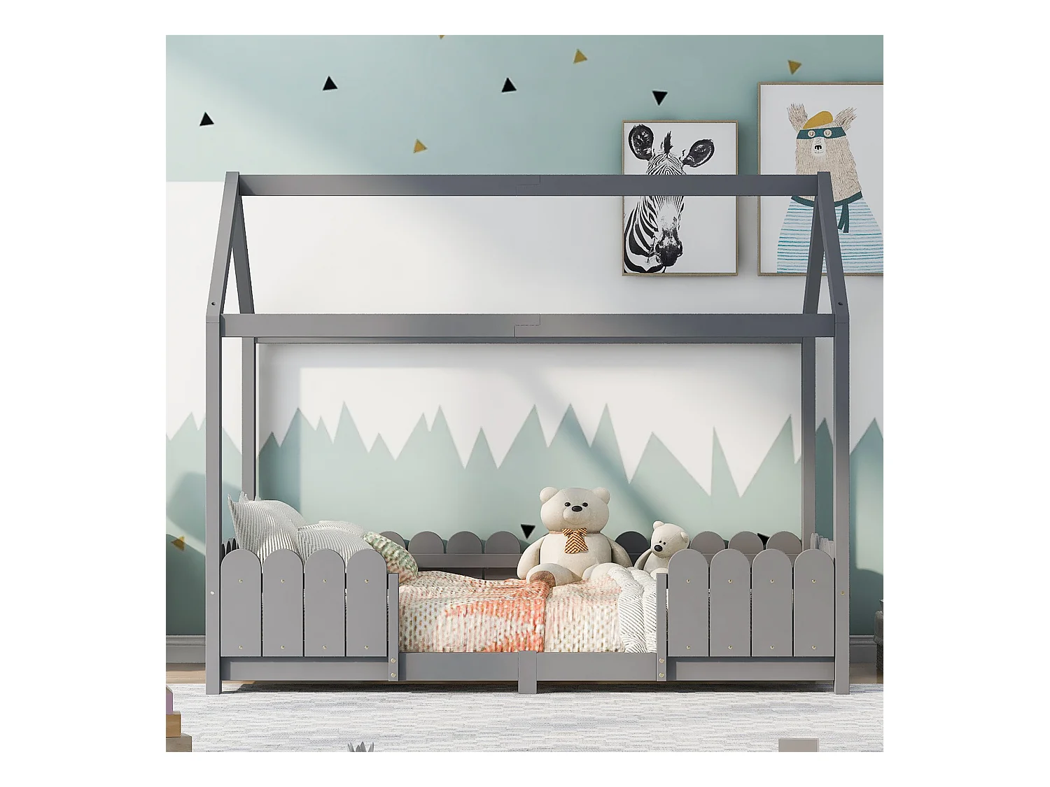 Lit enfant cabane 90x200 cm avec protection anti-chute - sommier à lattes en bois - gris (sans matelas)