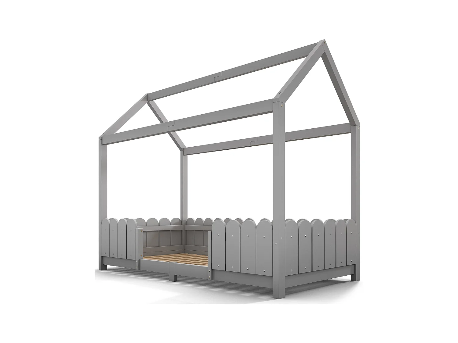 Lit enfant cabane 90x200 cm avec protection anti-chute - sommier à lattes en bois - gris (sans matelas)