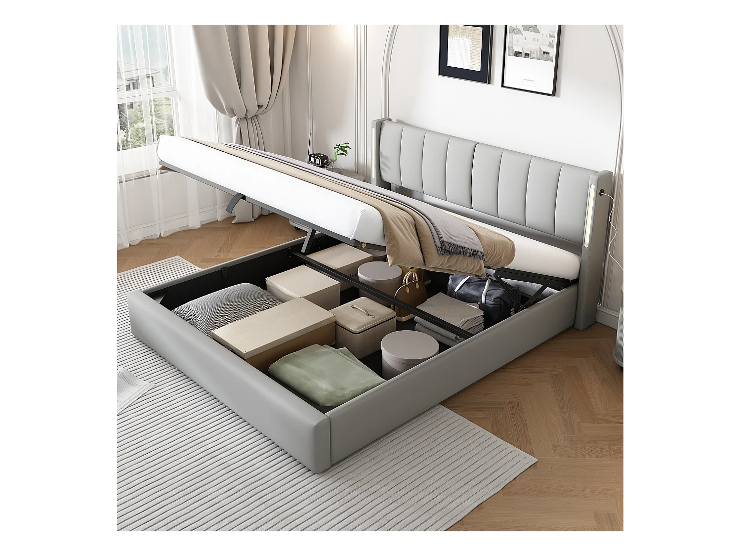 Lit coffre adulte 140x200 cm avec sommier - tête de lit capitonnée avec LED et USB - similicuir - gris (sans matelas)