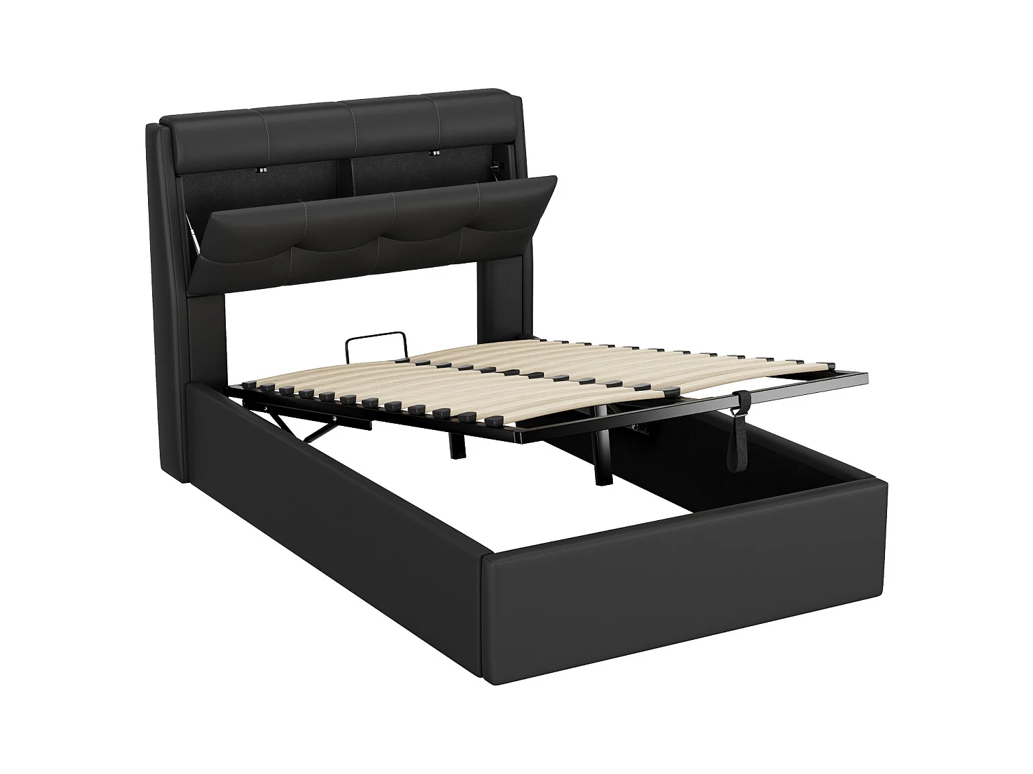 Lit enfant coffre 90x200 cm avec sommier à lattes - tête de lit avec rangement - similicuir - noir (sans matelas)