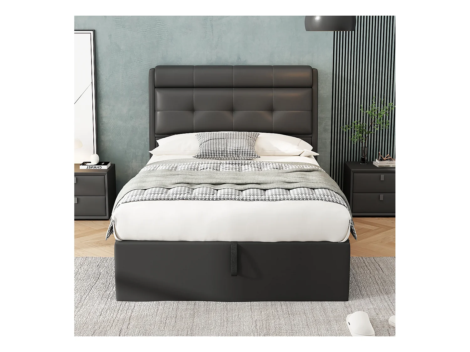 Lit enfant coffre 90x200 cm avec sommier à lattes - tête de lit avec rangement - similicuir - noir (sans matelas)