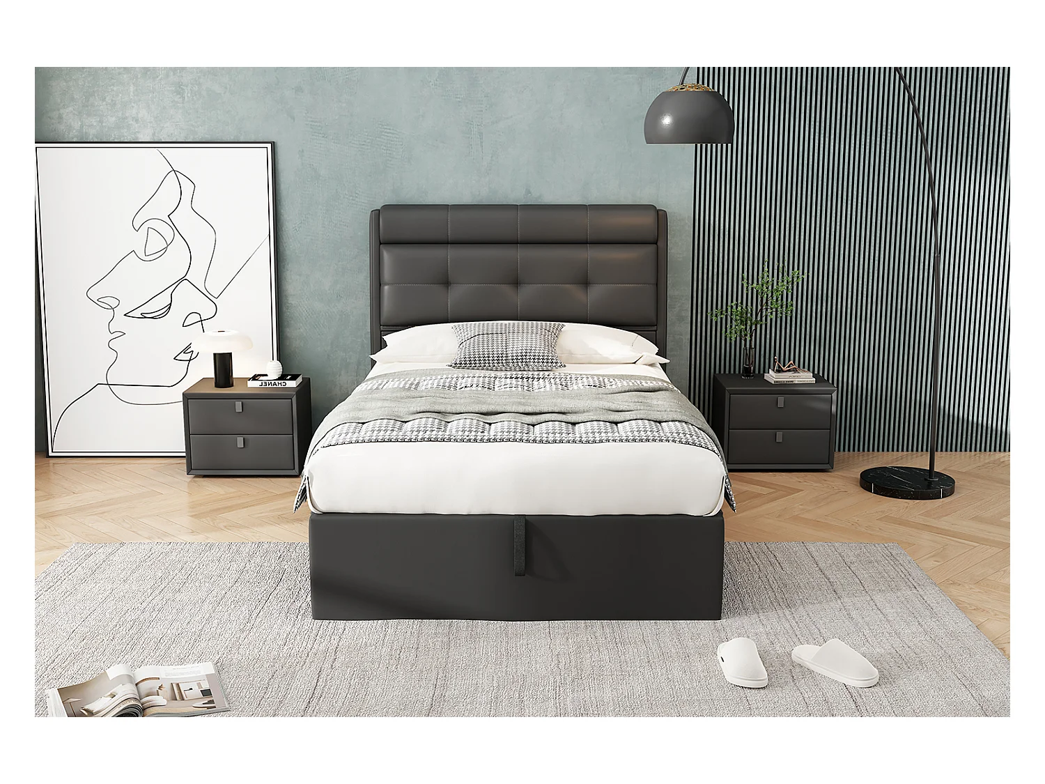 Lit enfant coffre 90x200 cm avec sommier à lattes - tête de lit avec rangement - similicuir - noir (sans matelas)