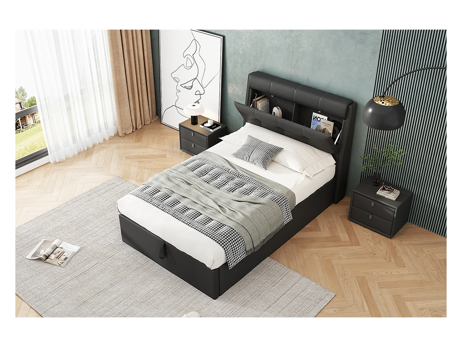 Lit enfant coffre 90x200 cm avec sommier à lattes - tête de lit avec rangement - similicuir - noir (sans matelas)