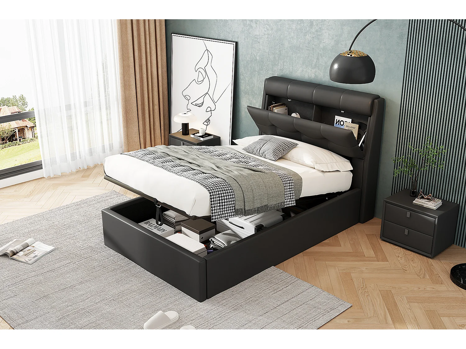 Lit coffre 90x200 cm avec sommier à lattes - tête de lit avec rangement - similicuir - noir (sans matelas)