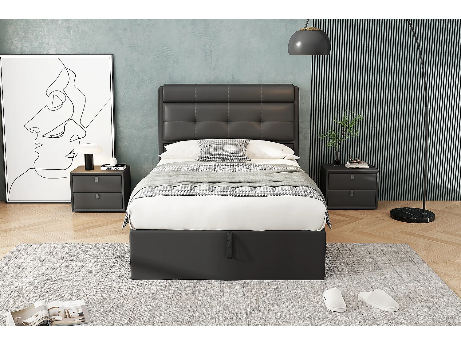 Lit coffre 90x200 cm avec sommier à lattes - tête de lit avec rangement - similicuir - noir (sans matelas)