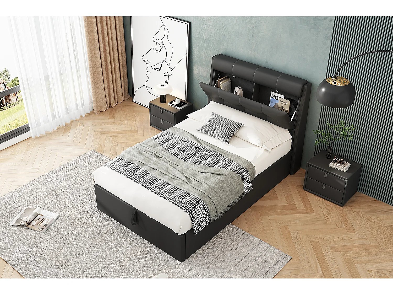 Lit coffre 90x200 cm avec sommier à lattes - tête de lit avec rangement - similicuir - noir (sans matelas)