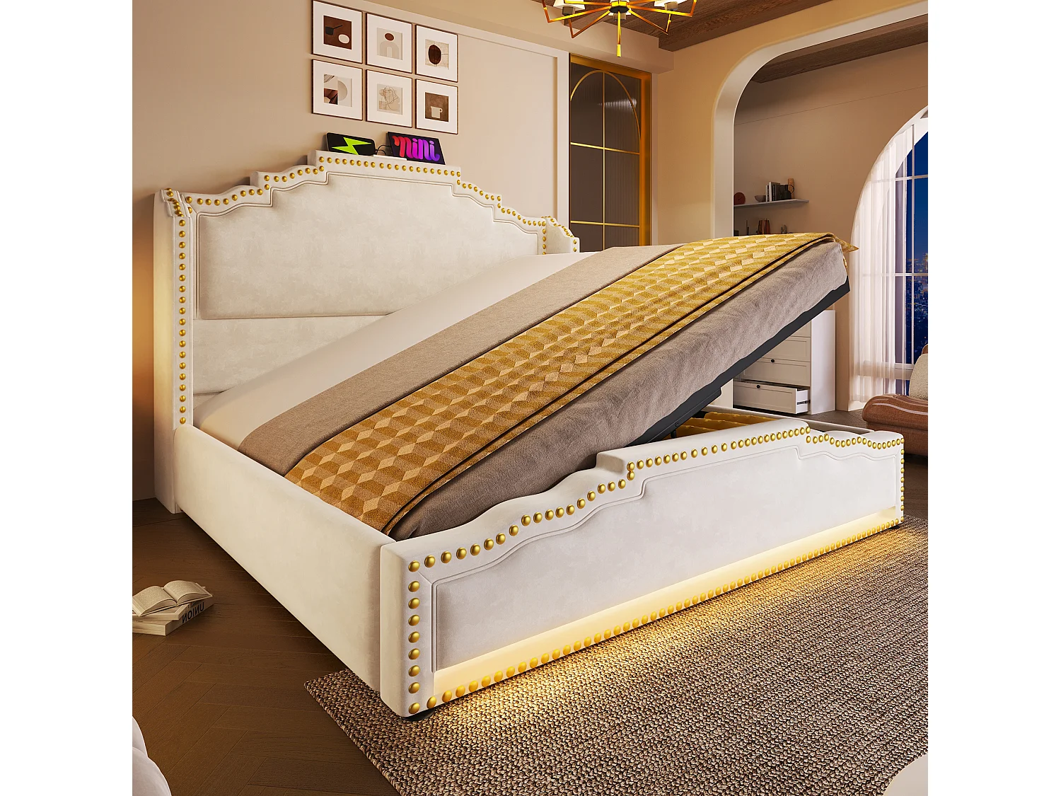 Lit coffre 140x200 cm avec rangement et éclairage LED et ports USB Type C sommier, velours, beige (Sans matelas)