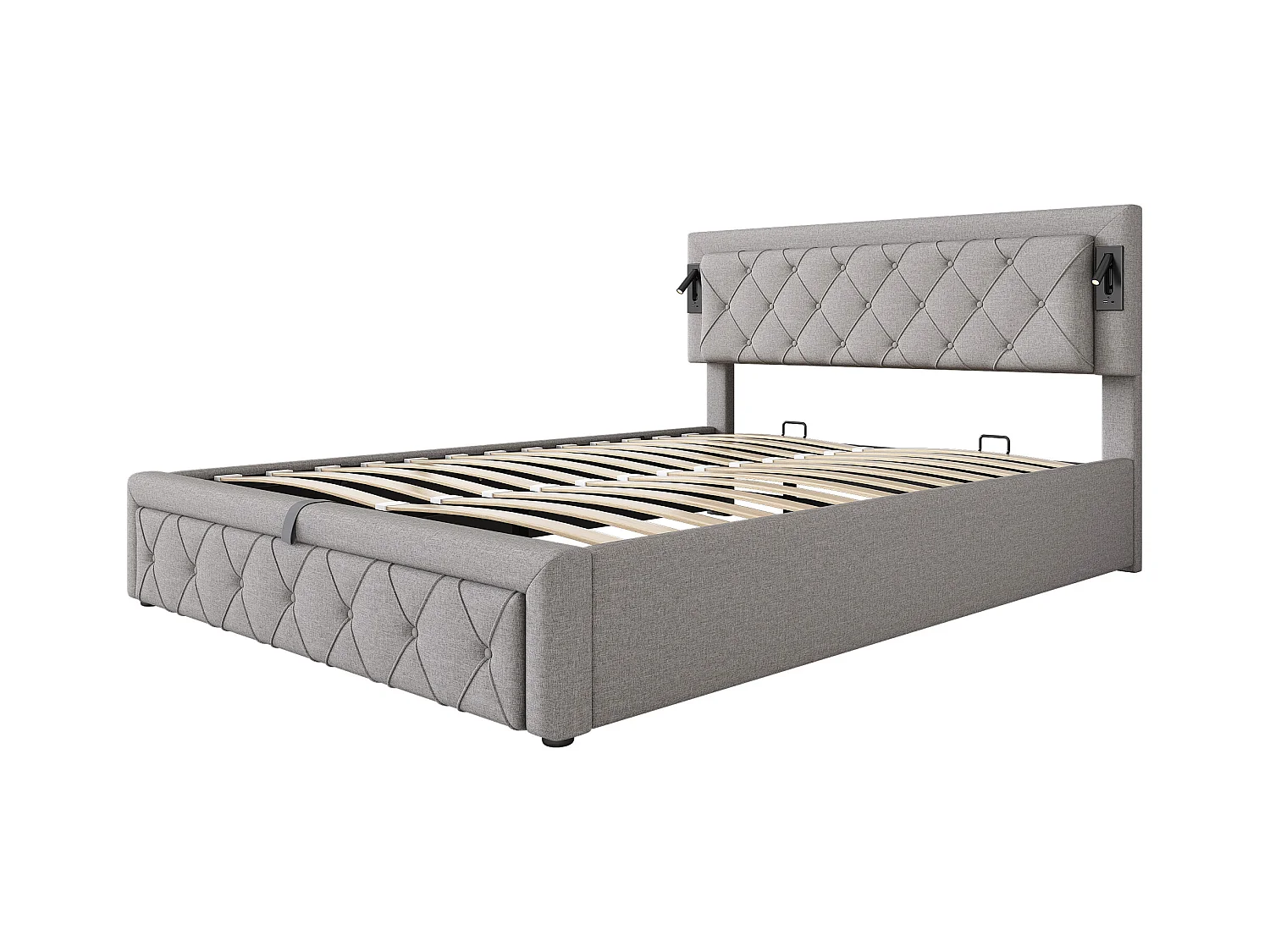 Lit coffre 160x200 cm avec avec sommier - tête de lit capitonnée avec USB et downlight - lin - gris (sans matelas)
