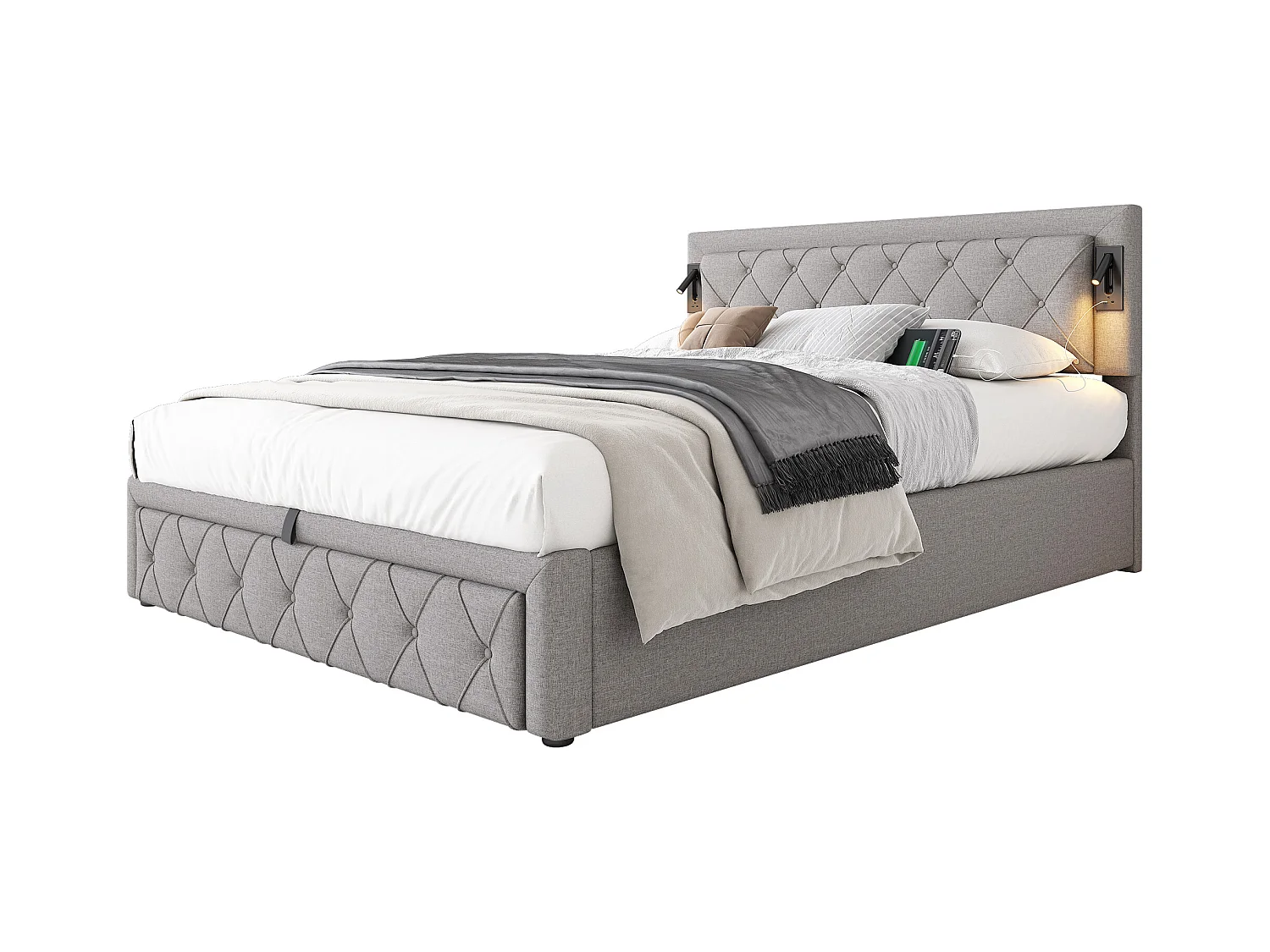 Lit coffre 160x200 cm avec avec sommier - tête de lit capitonnée avec USB et downlight - lin - gris (sans matelas)