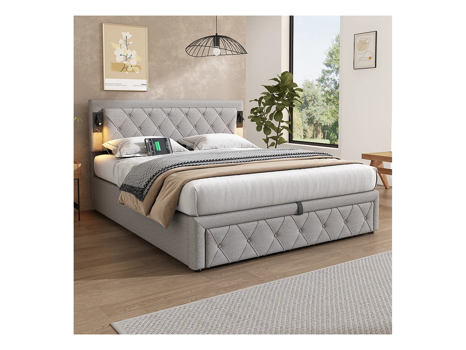 Lit coffre 160x200 cm avec avec sommier - tête de lit capitonnée avec USB et downlight - lin - gris (sans matelas)