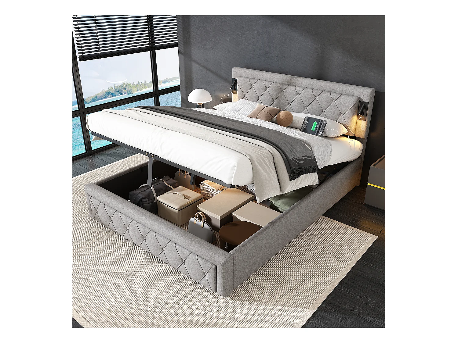 Lit coffre adulte 160x200 cm avec avec sommier - tête de lit capitonnée avec USB et downlight - lin - gris (sans matelas)
