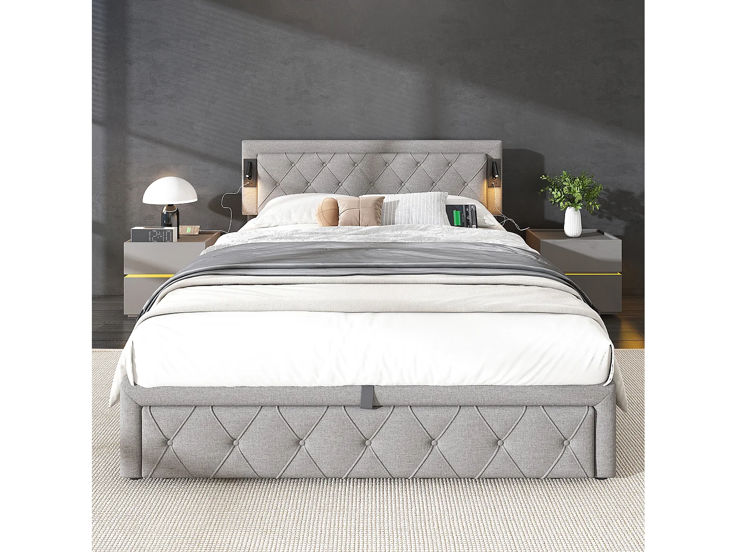 Volwassen opbergbed 160x200 cm met lattenbodem - gewatteerd hoofdeinde met USB en downlight - linnen - grijs (zonder matras)