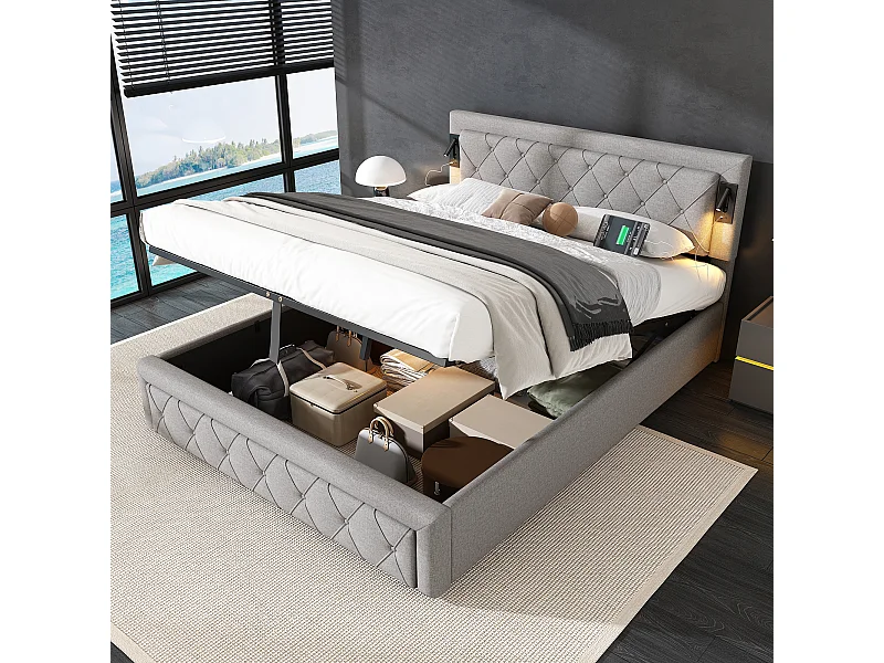 Volwassen opbergbed 160x200 cm met lattenbodem - gewatteerd hoofdeinde met USB en downlight - linnen - grijs (zonder matras)