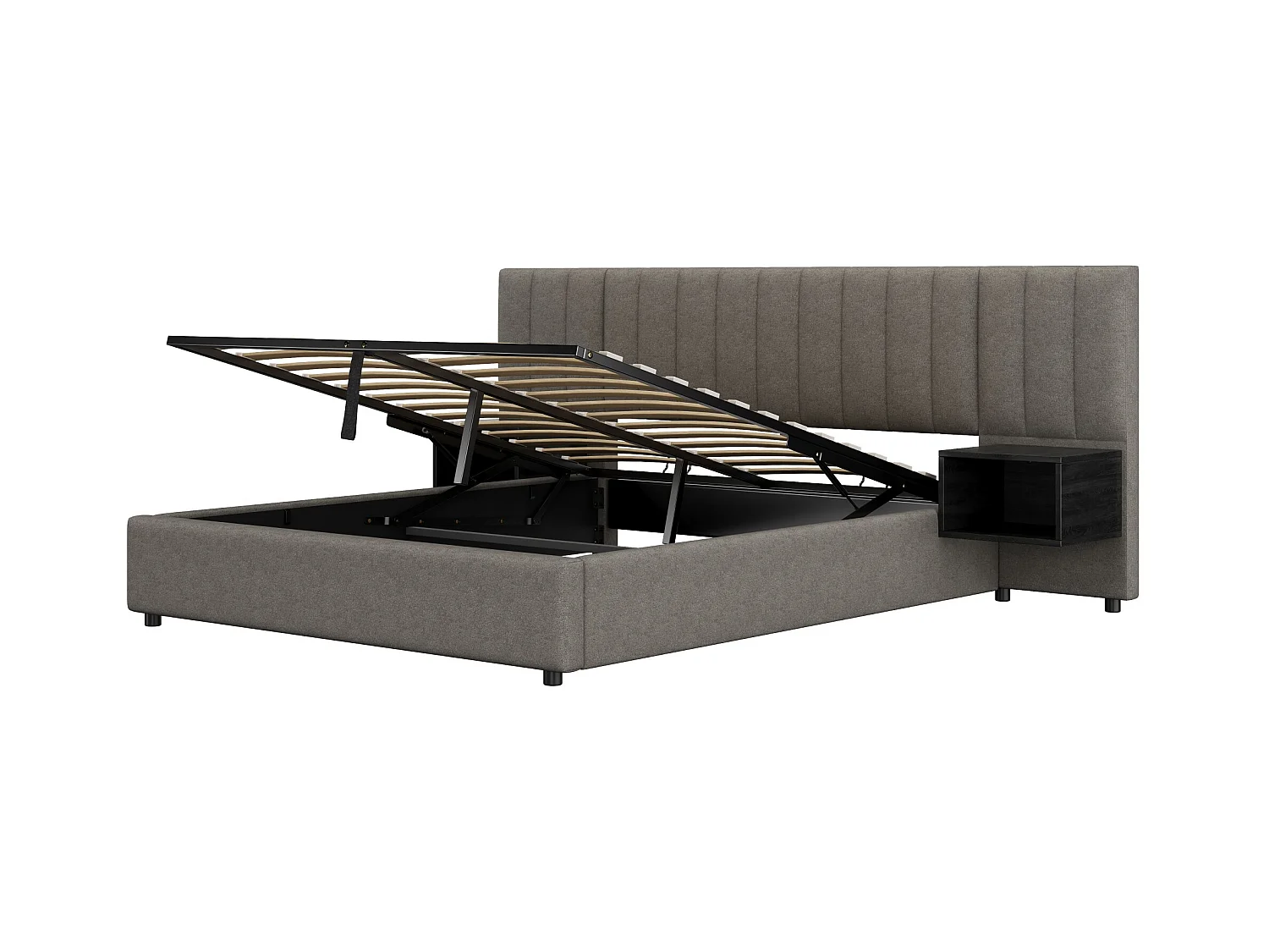 Volwassen opbergbed 160x200 cm met lattenbodem - gestoffeerd hoofdbord met 2 nachtkastjes - linnen - grijs (zonder matras)