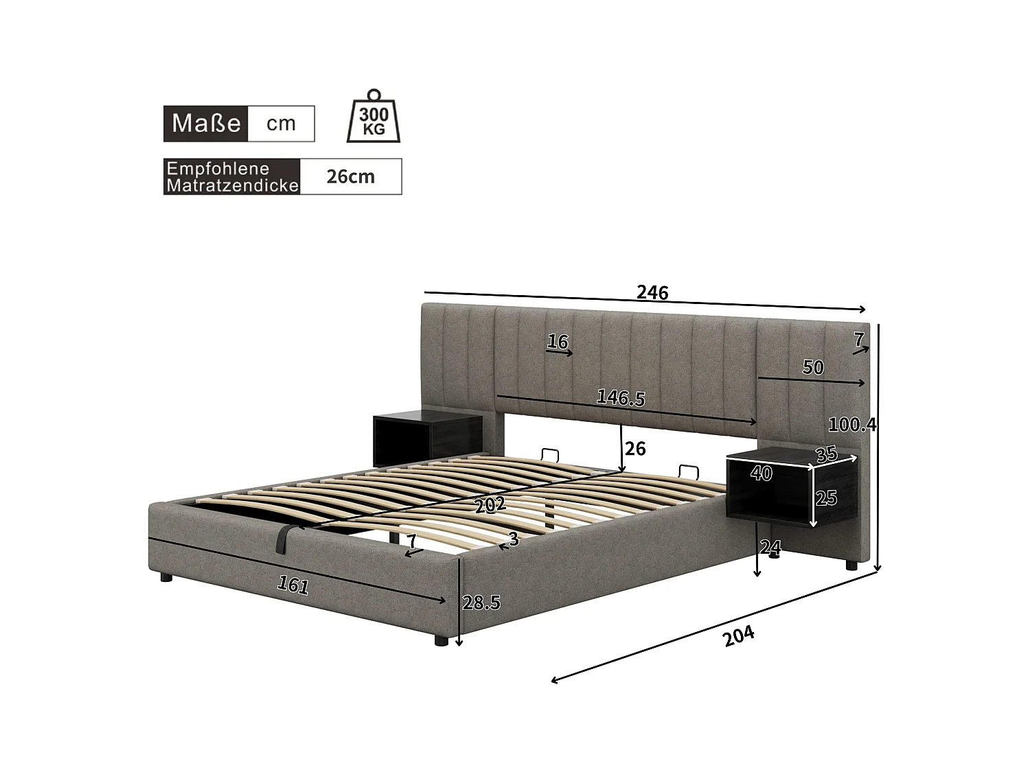 Volwassen opbergbed 160x200 cm met lattenbodem - gestoffeerd hoofdbord met 2 nachtkastjes - linnen - grijs (zonder matras)