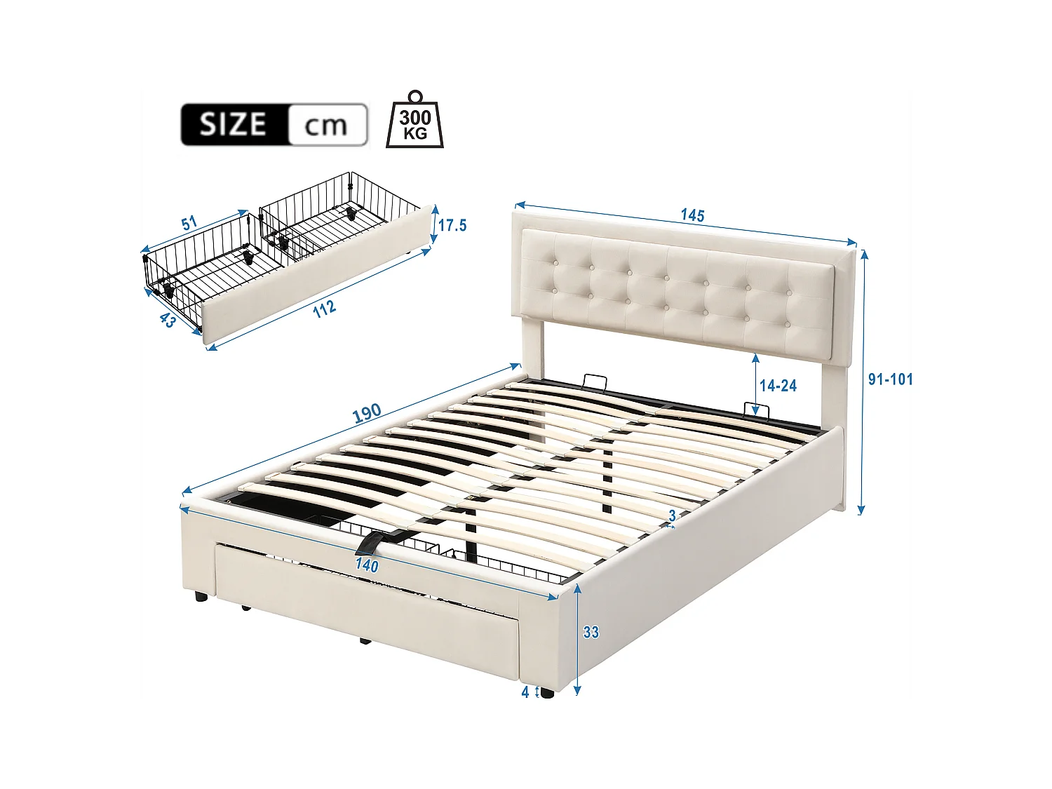 Volwassen opbergbed 140x190 cm met onderstel - 2 lades en in hoogte verstelbaar hoofdeinde - beige fluweel (zonder matras)