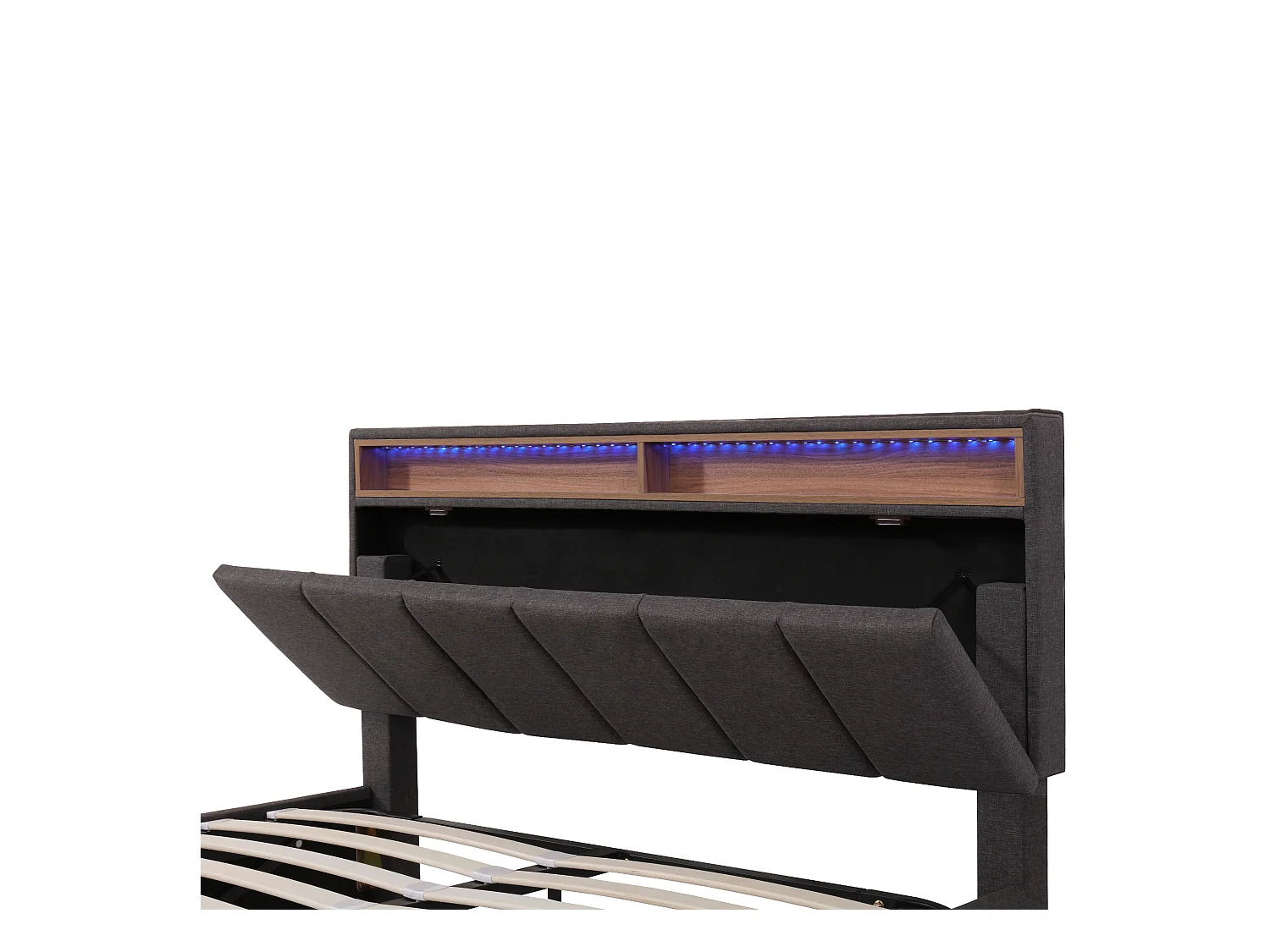 lit coffre 140x190 cm avec sommier - tête de lit de rangement à LED et tiroirs - lin - gris (sans matelas)