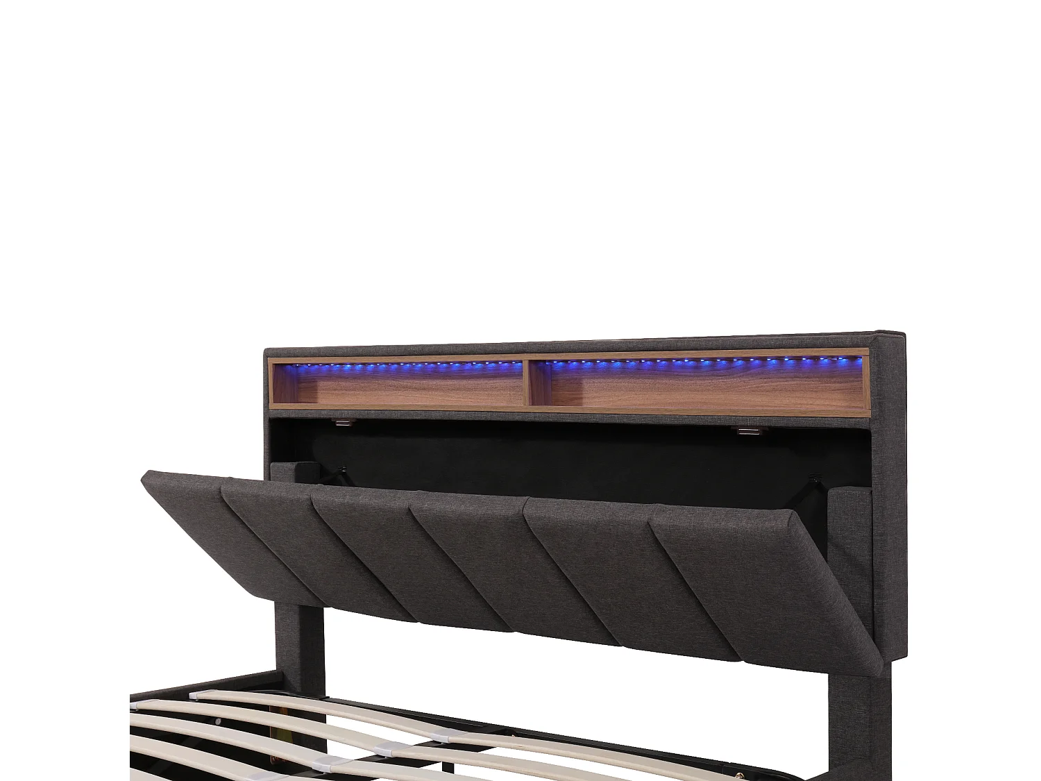 Volwassen opbergbed 140x190 cm met lattenbodem - LED-opberghoofdeinde en lades - linnen - grijs (zonder matras)