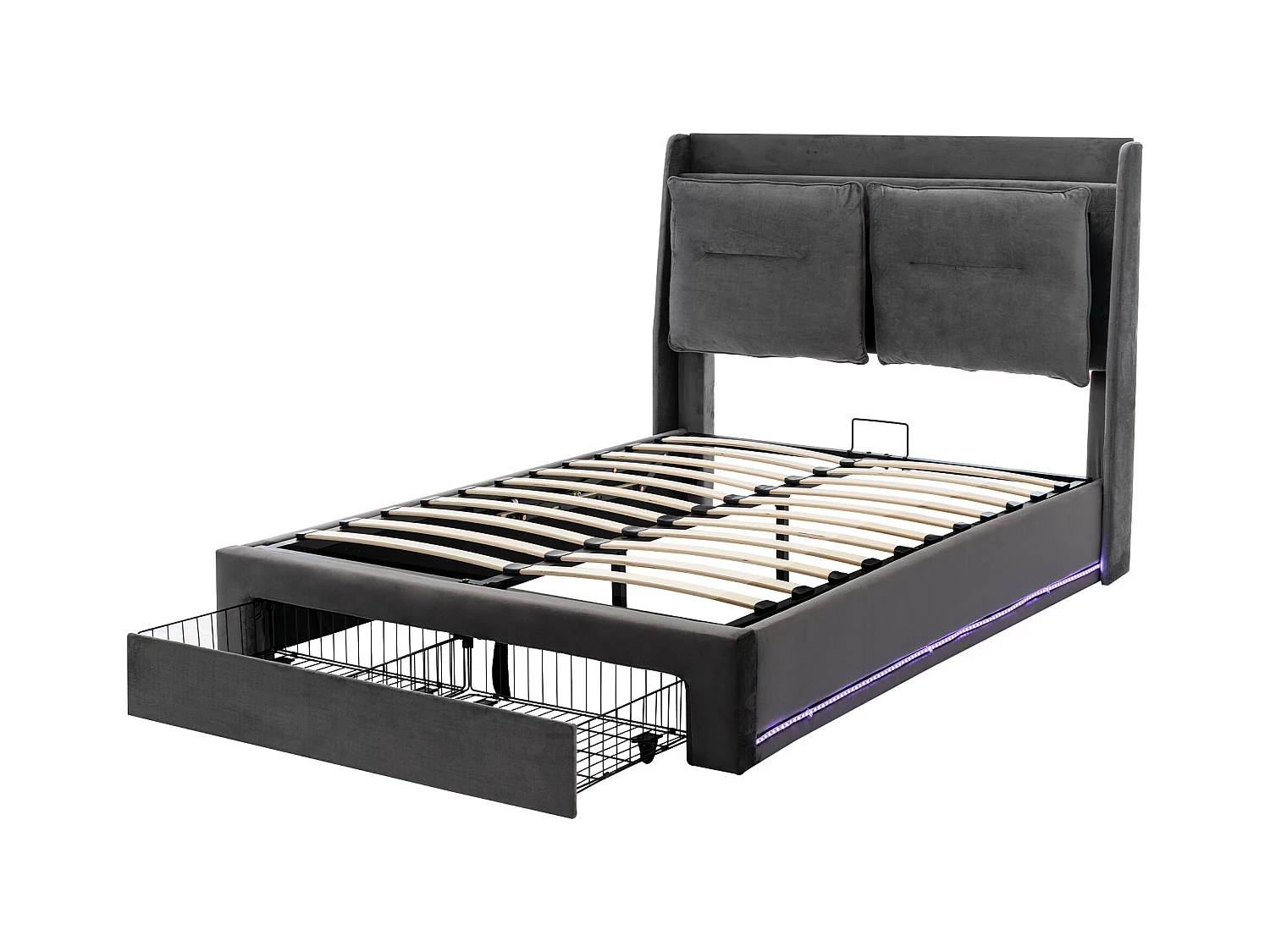 Lit coffre 140x190 cm avec sommier - tête de lit capitonnée avec tiroirs 2 en 1 et LED - velours gris (sans matelas)
