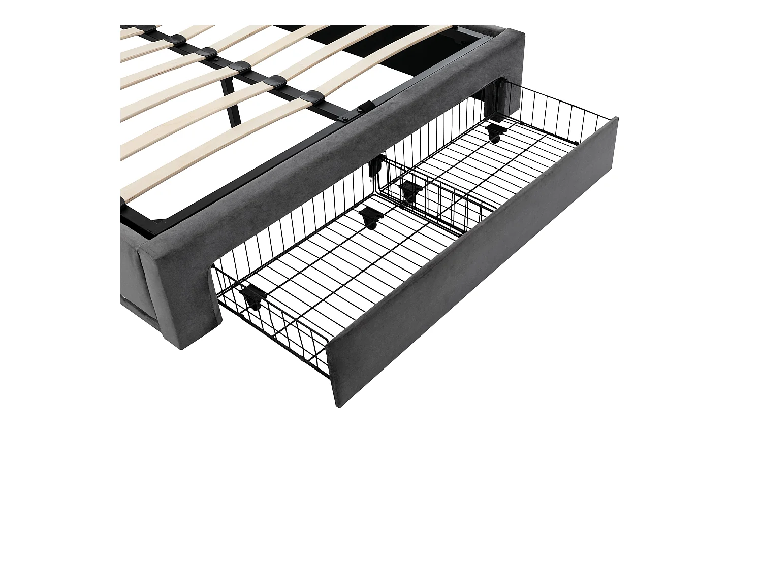 Lit coffre 140x190 cm avec sommier - tête de lit capitonnée avec tiroirs 2 en 1 et LED - velours gris (sans matelas)