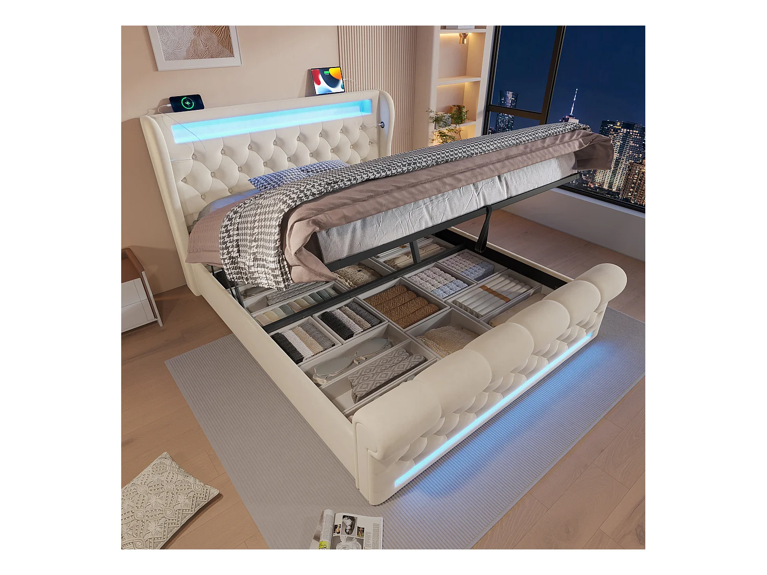 Cama doble adulto 160x200cm con base - cabecero acolchado con USB y LED - terciopelo beige (sin colchón)