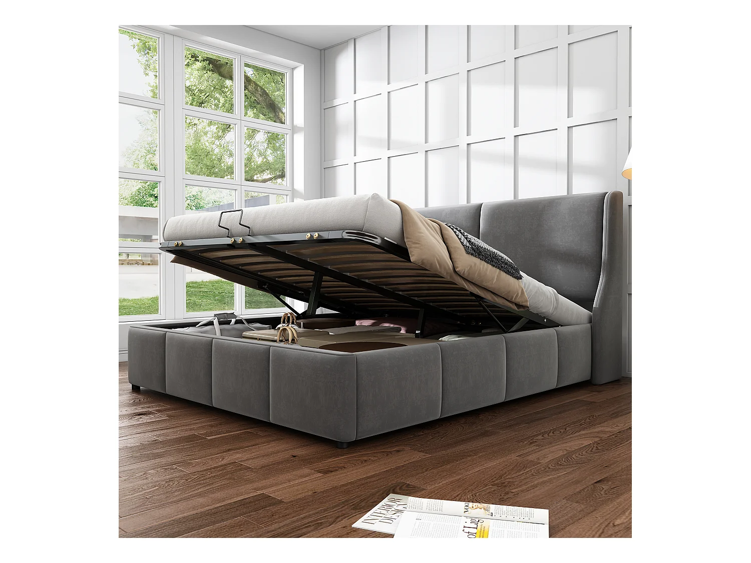 Lit coffre 140x200 cm avec sommier en bois - tête de lit capitonnée - velours - gris (sans matelas)