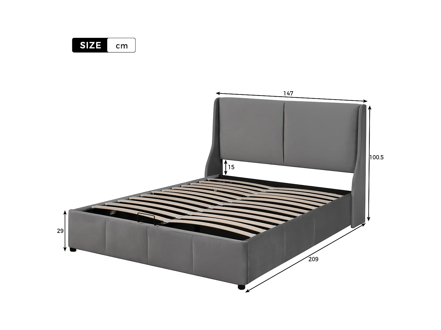 Lit coffre 140x200 cm avec sommier en bois - tête de lit capitonnée - velours - gris (sans matelas)