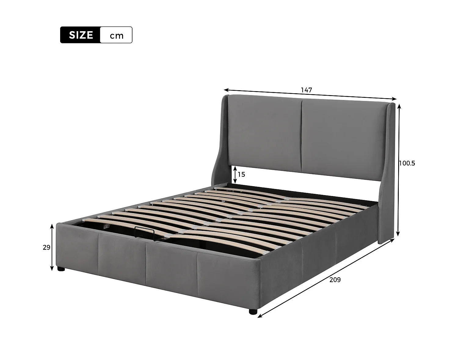 Volwassen opbergbed 140x200 cm met houten onderstel - gestoffeerd hoofdeinde - fluweel - grijs (zonder matras)