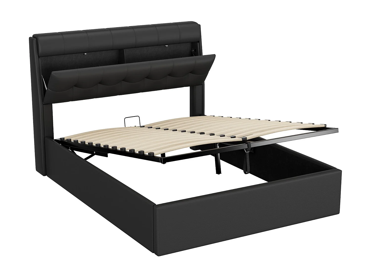 Volwassen opbergbed 140x190 cm met lattenbodem - hoofdbord met opbergruimte - imitatieleer - zwart (zonder matras)