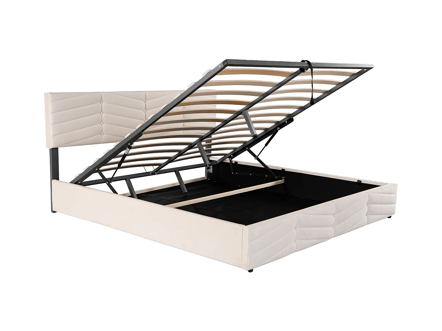 Lit coffre 160x200 cm avec sommier - tête de lit réglable en hauteur - métal + bois - velours beige (sans matelas)