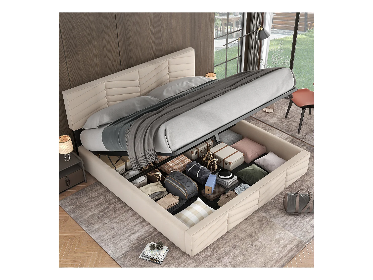 Lit coffre adulte 160x200 cm avec sommier - tête de lit réglable en hauteur - métal + bois - velours beige (sans matelas)