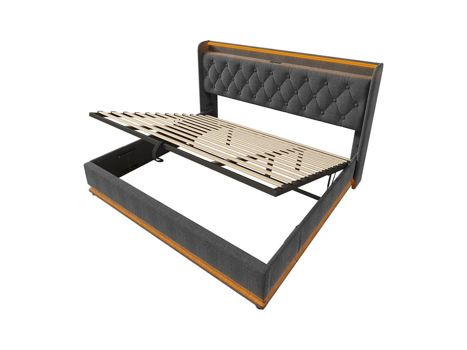 Volwassen opbergbed 180x200 cm met opbergruimte en houten lattenbodem - hoofdbord met USB en LED - grijs linnen (zonder matras)