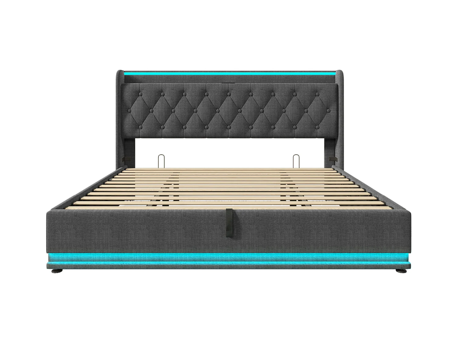 Volwassen opbergbed 180x200 cm met opbergruimte en houten lattenbodem - hoofdbord met USB en LED - grijs linnen (zonder matras)