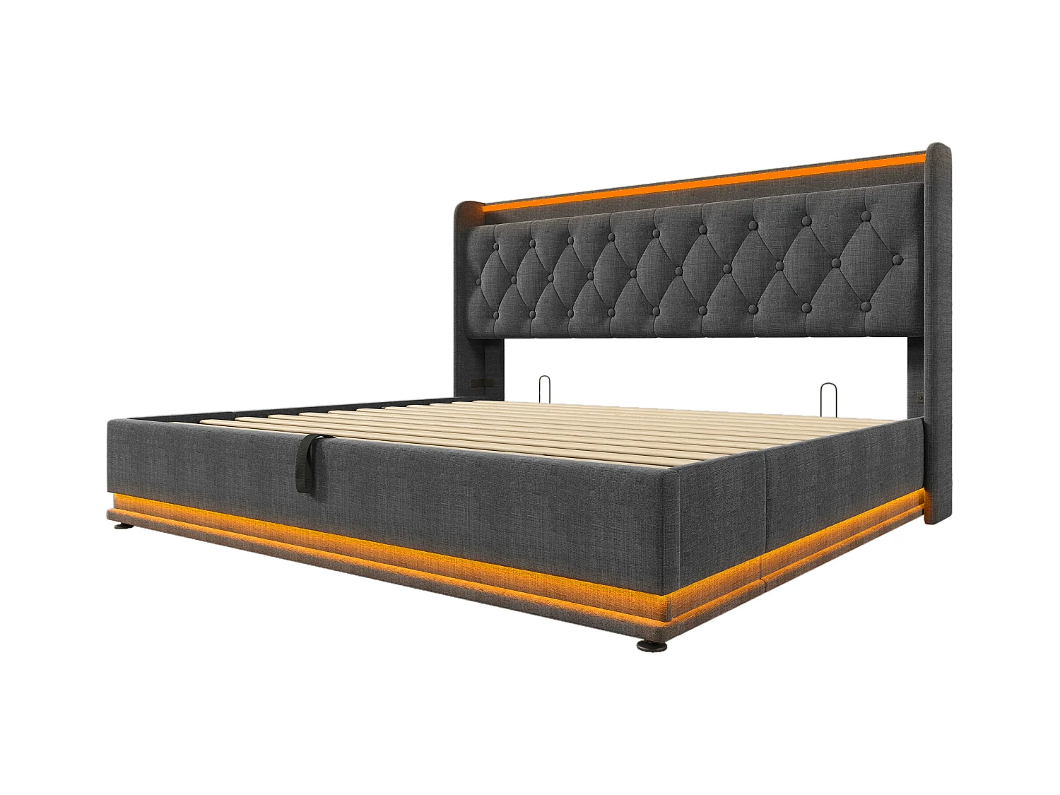 Volwassen opbergbed 180x200 cm met opbergruimte en houten lattenbodem - hoofdbord met USB en LED - grijs linnen (zonder matras)