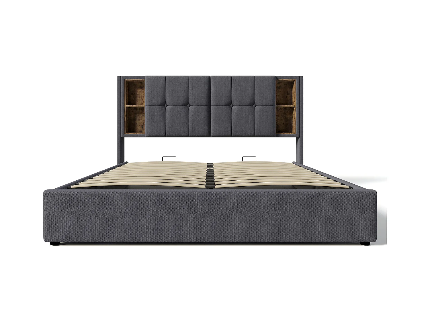 Lit coffre adulte 140x200cm avec sommier - tête de lit avec USB et rangement - tissu coton - gris (sans matelas)